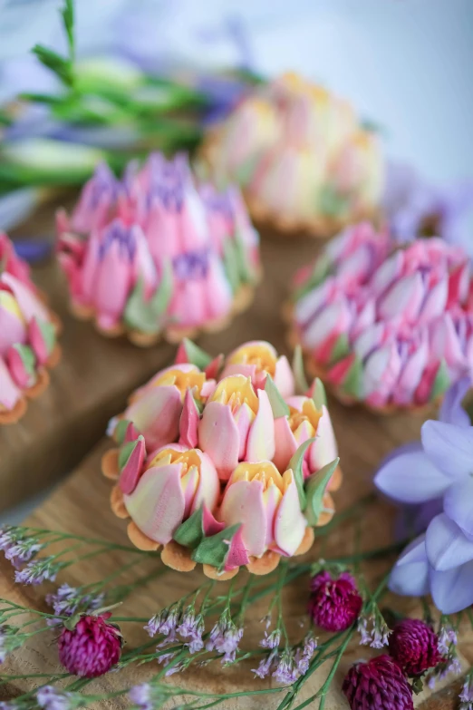 pink flowers and small cupcakes sitting on a plate
