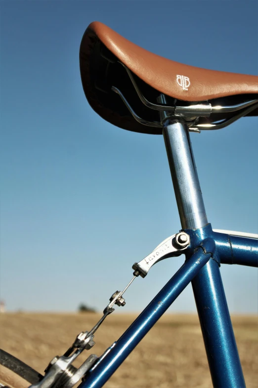 the seat on the bicycle is brown and blue