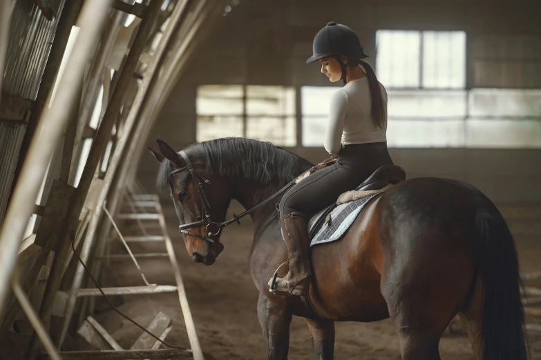 woman riding horse inside of a large barn