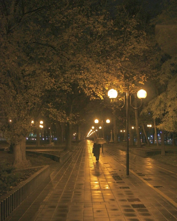 a man walking down a street on a rainy night