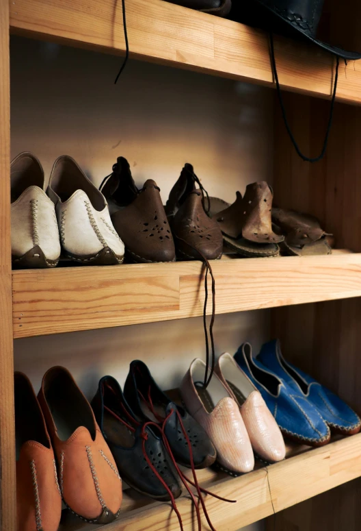 rows of various shoes on the shelves of a closet