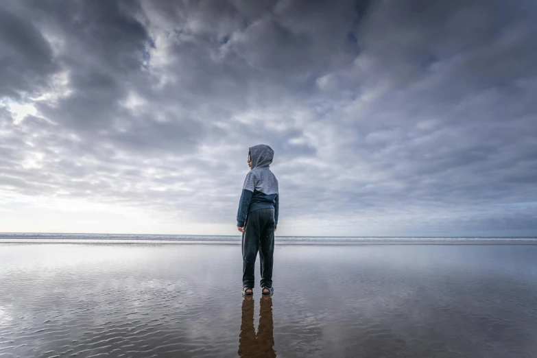 a person standing on a beach under a cloudy sky