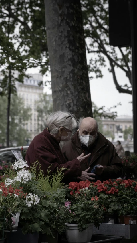 an elderly couple on a cell phone in front of a tree