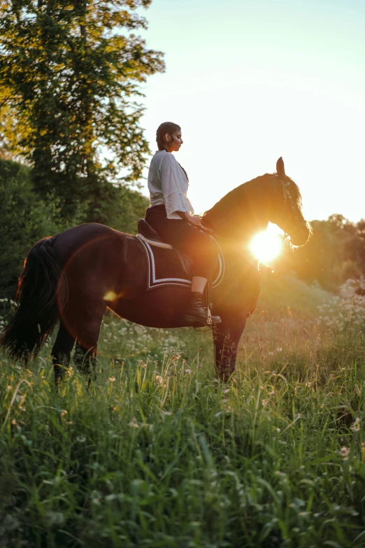 the person is riding on the horse and having the sun shines brightly