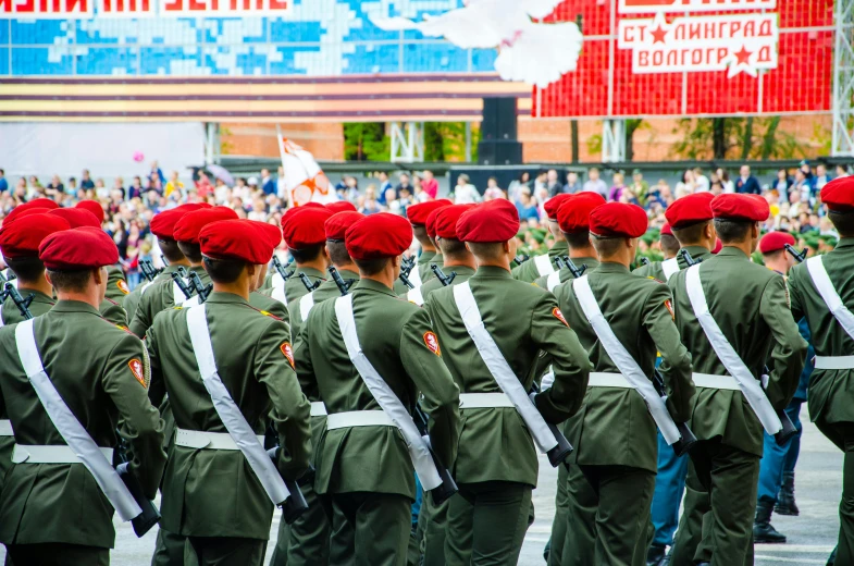 military parade marching on the streets of red square in moscow