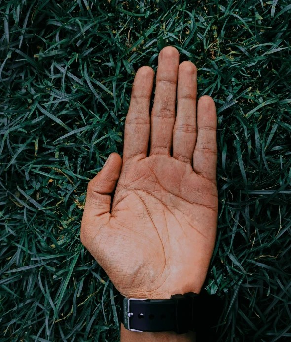 someone's hand and wrist laying on the grass