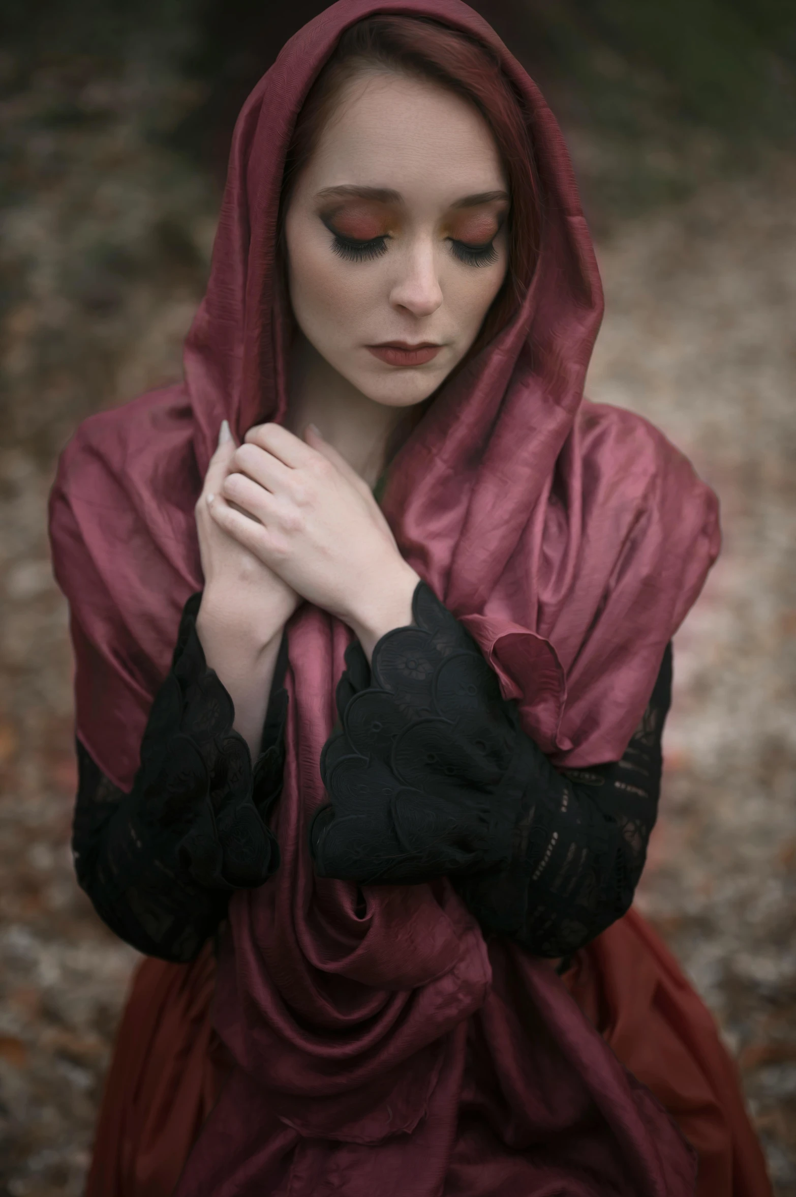 an image of a woman wearing a red hoodie