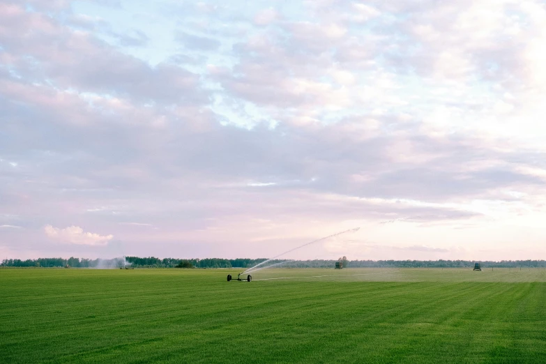 people walking on the grass flying a kite