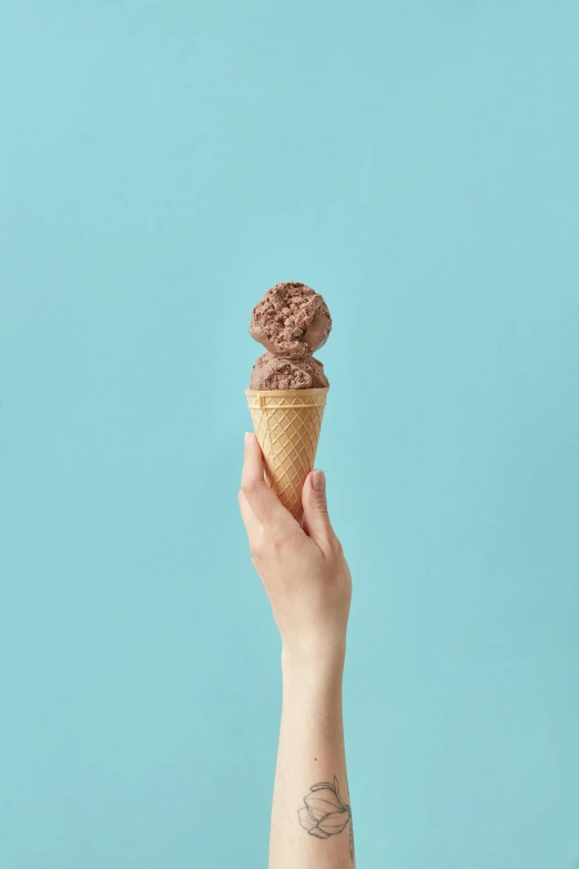 a person holds up an ice cream cone with chocolate icing