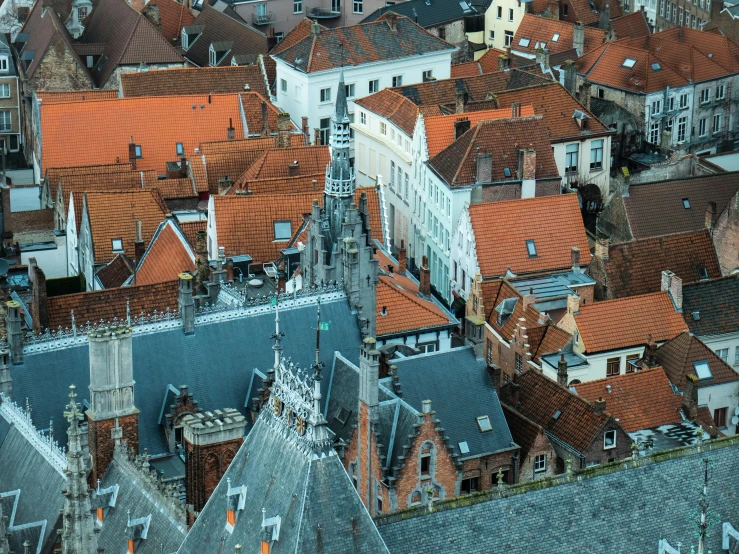 a bird eye view shows red and white roofs in the city