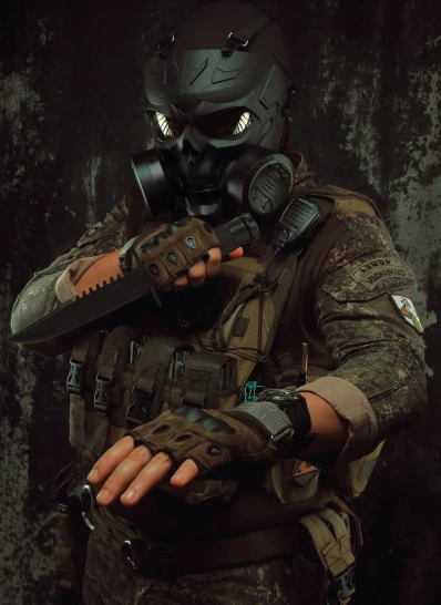 a person wearing a gas mask with gloves on