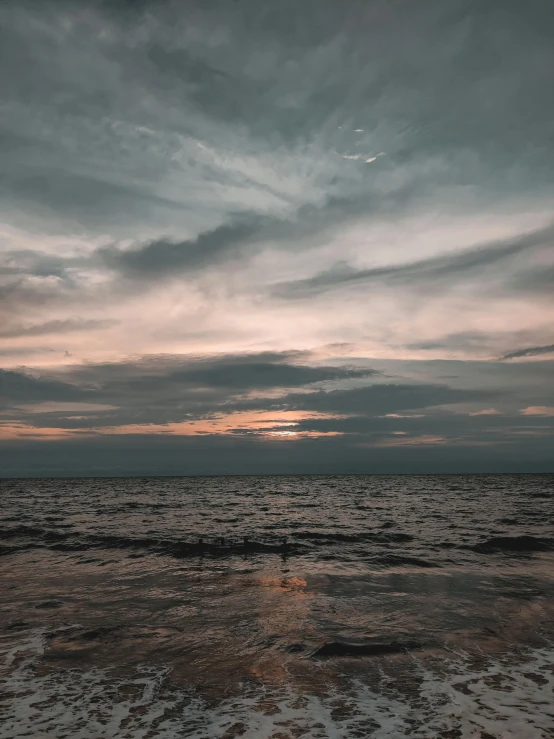 sunset seen from the beach on an overcast day