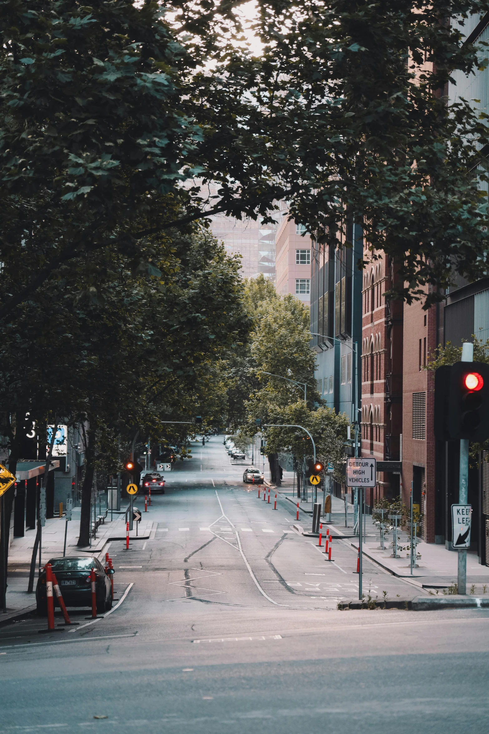 a view down an empty street with traffic lights and trees