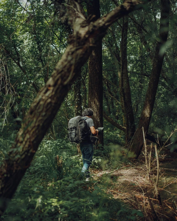 the man is hiking through the woods alone