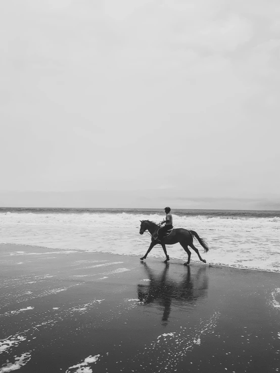 man on horseback on an empty beach near the ocean