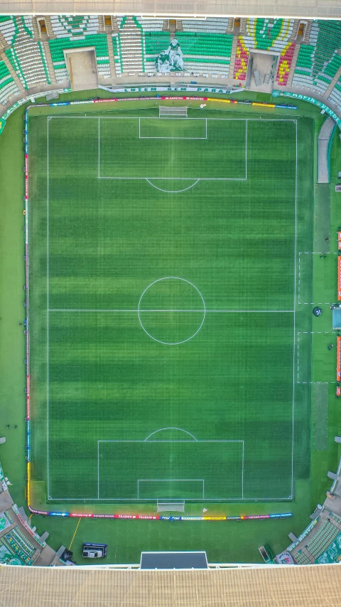 the aerial view of an empty soccer field