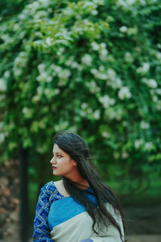 an indian woman in a blue and white cloth sari