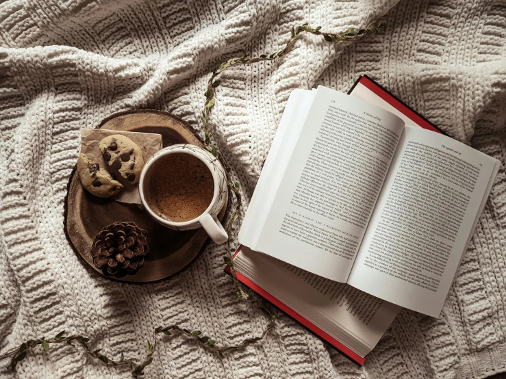 an open book with a cookie next to it