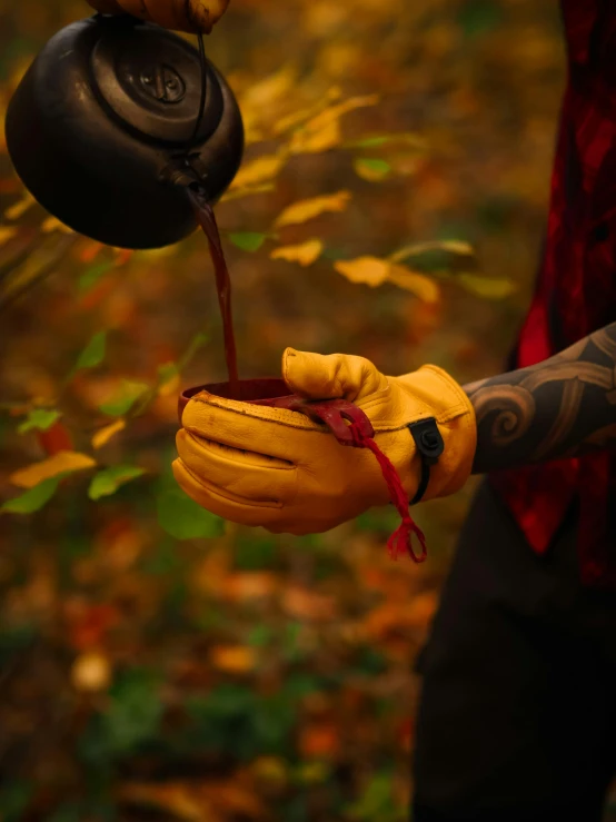 a person in gloves and tattoos holds soing in his hand