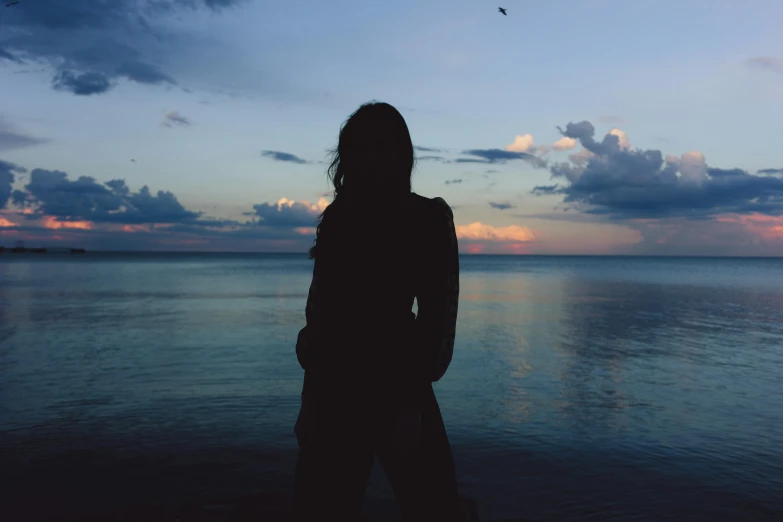 a person looking out over water at sunset