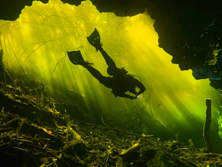 a scuba silhouetted against green light underwater in a cave
