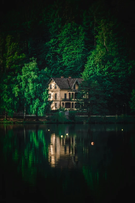 a very tall house sitting by some water