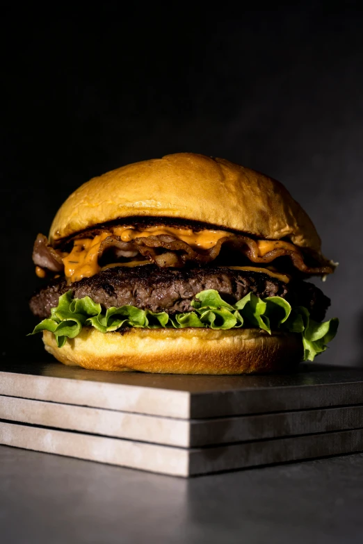 a close up of a burger on a stack