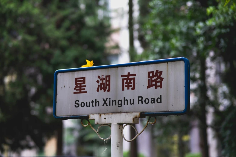 a sign on a post that has chinese writing on it