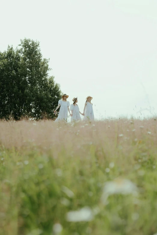 three people holding hands walking through tall grass