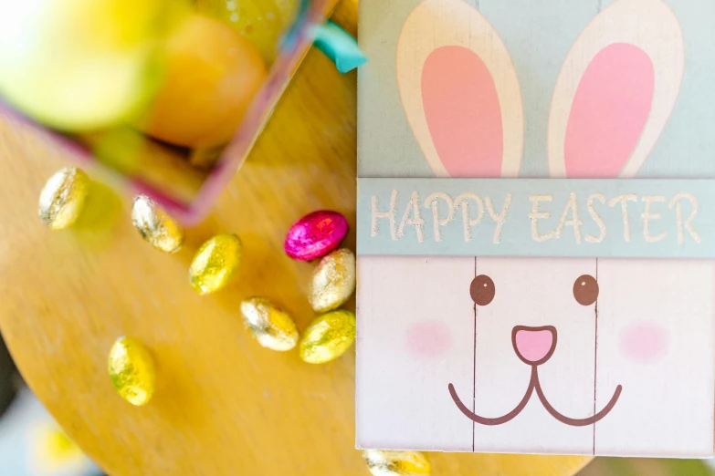 a close up of a card on a table with candy