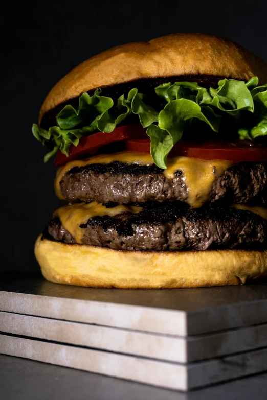 a cheeseburger with lettuce and tomatoes is displayed