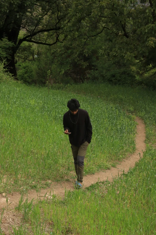 a man walking on a path in a green field with trees