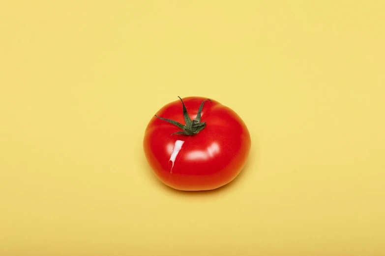 a red tomato on the ground next to some lemons