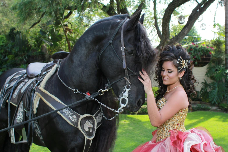 a girl is petting her horse in a red dress