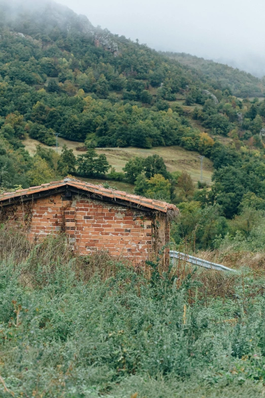 a stone structure in the middle of a forest on a misty day