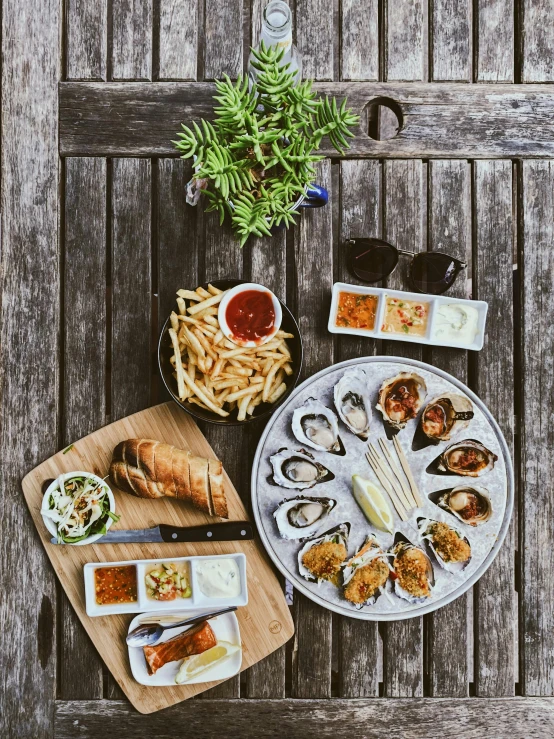 an overhead view of various food items and a pot of sauce