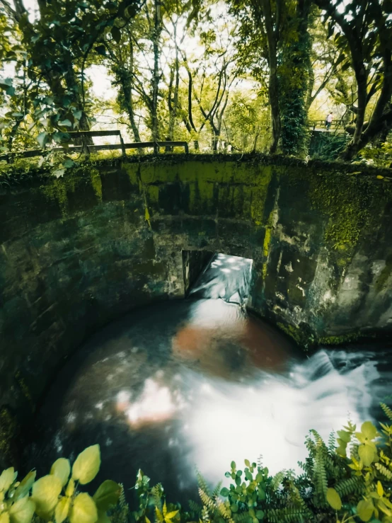 a river with trees surrounding it next to a bridge