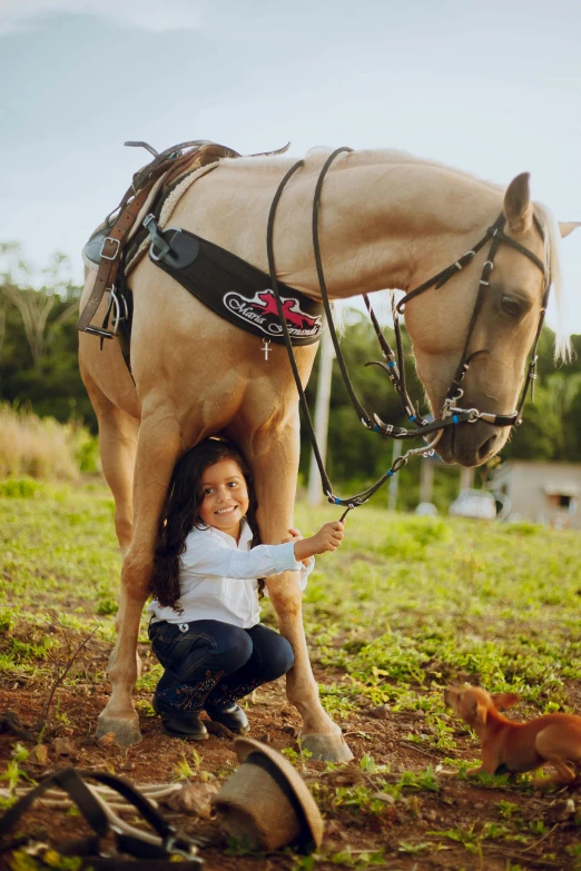 a girl crouched down while holding the reigns on a brown horse