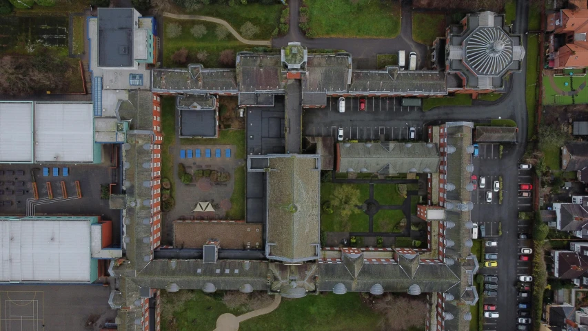 an aerial view of the back of a city building