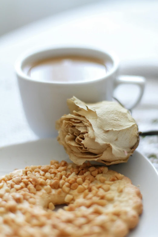 a cup of coffee and a er sit on a plate