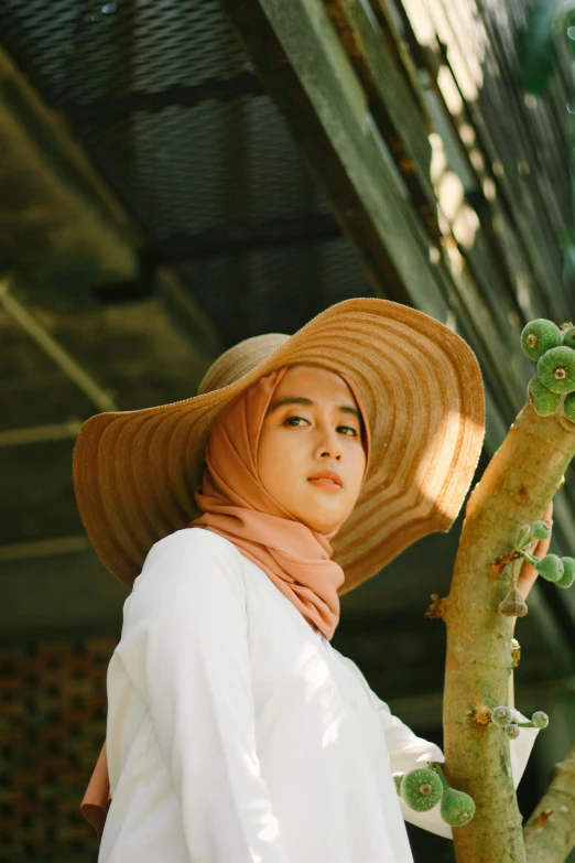 a woman wearing a hat and scarf on top of a tree