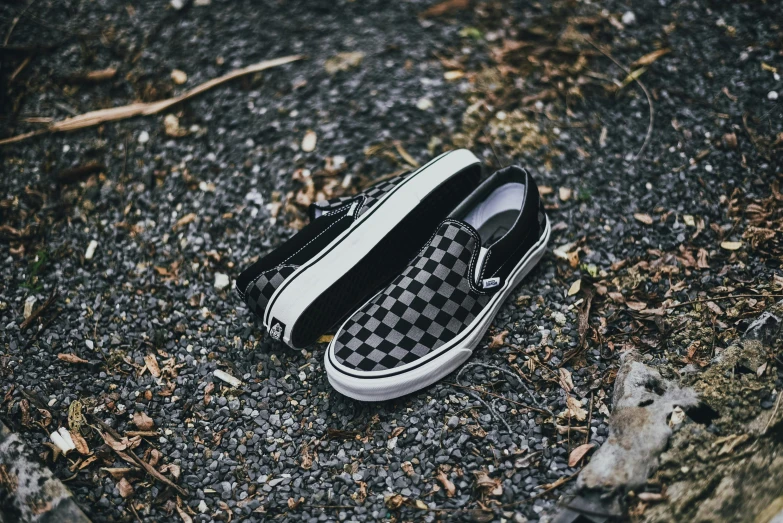 black and white checkered shoes on the ground
