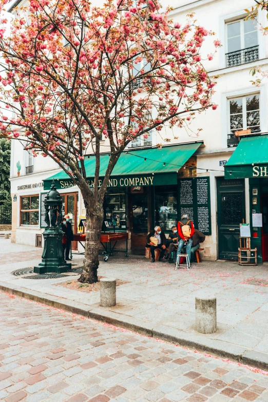 people walking in the streets past shops on the side