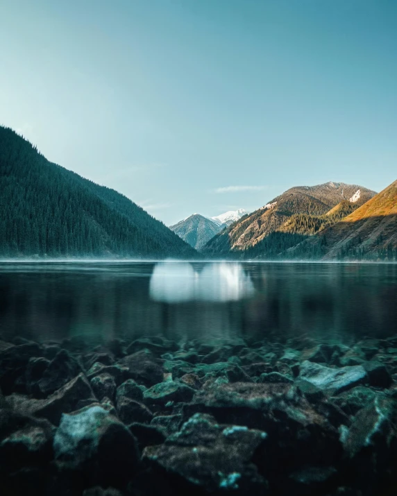 the mountains around lake with clear blue skies