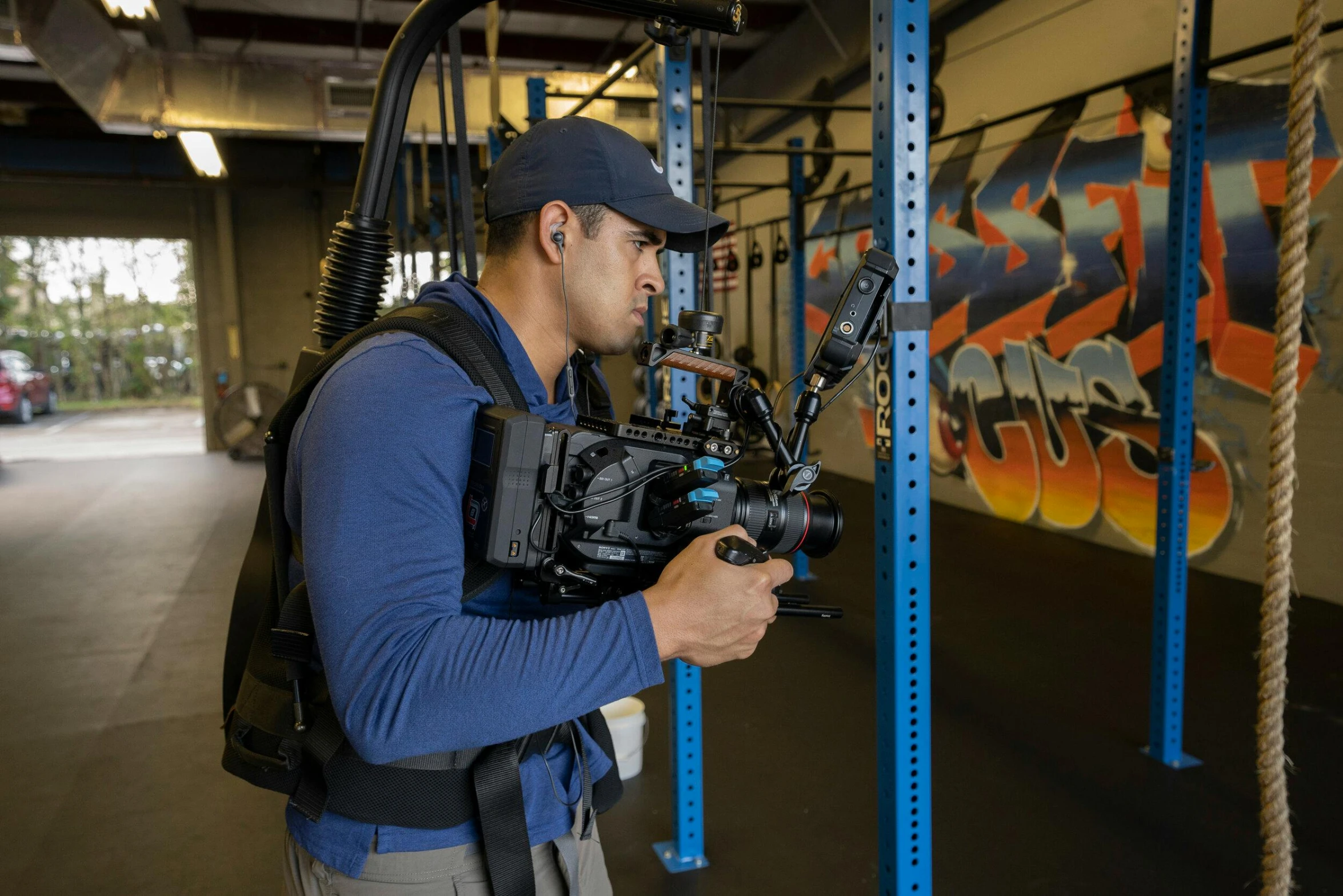 a man in a garage holding up a camera