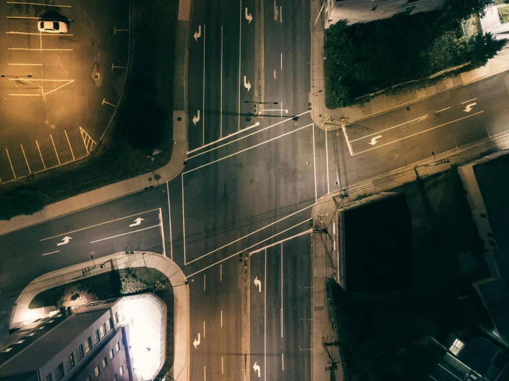 an overhead view shows two roads at night