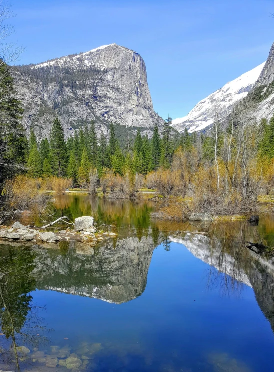 a mountain is surrounded by a lake, and a forest