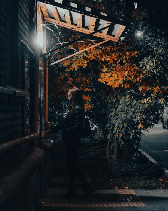 a woman walking up a sidewalk at night