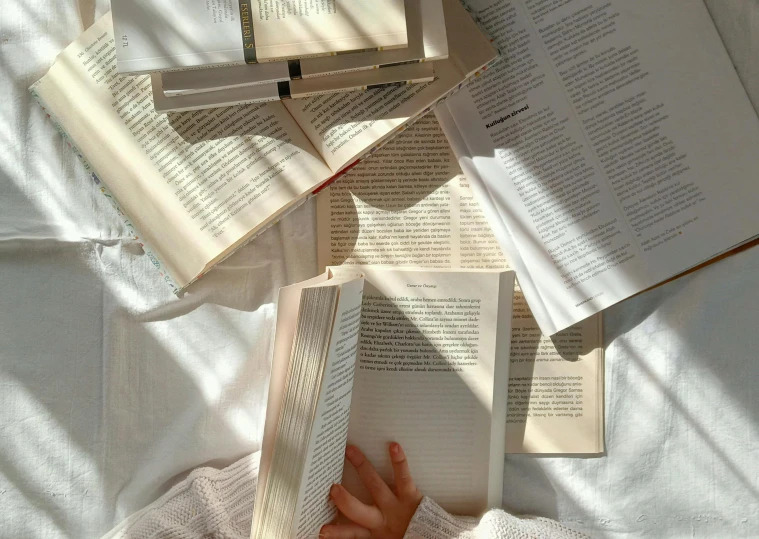 someones hands reaching out to read some books