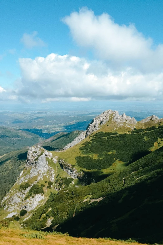 a mountain landscape with green grass on the side and mountains in the background